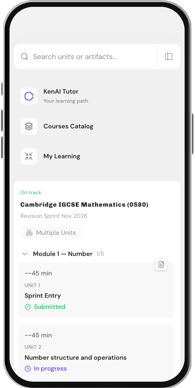 The KenAI app on iPhone: an IGCSE Mathematics course with module and unit progress