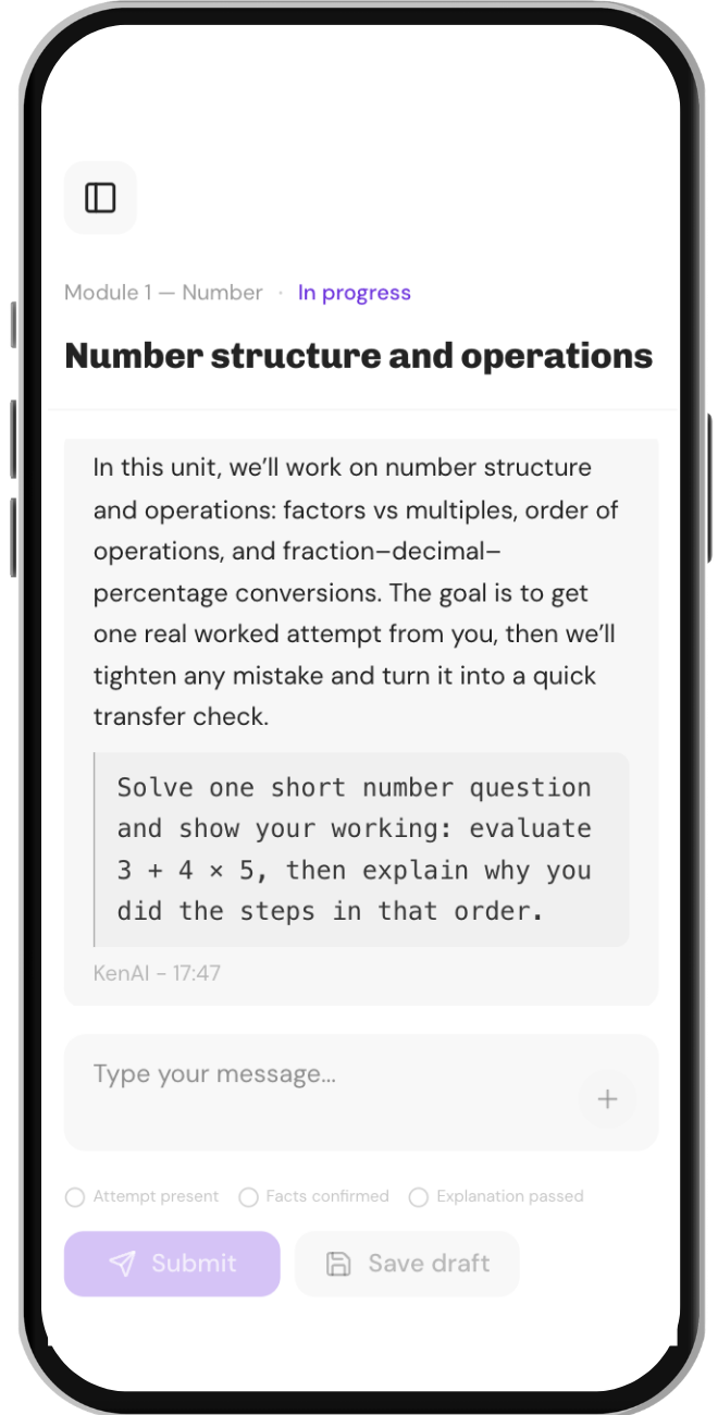 The KenAI app on iPhone: a guided practice task with Submit